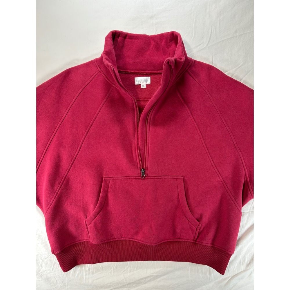 Athleisure Womens XL Quarter Zip Cropped Sweatshirt Berry Pink Thumbhole Fleece